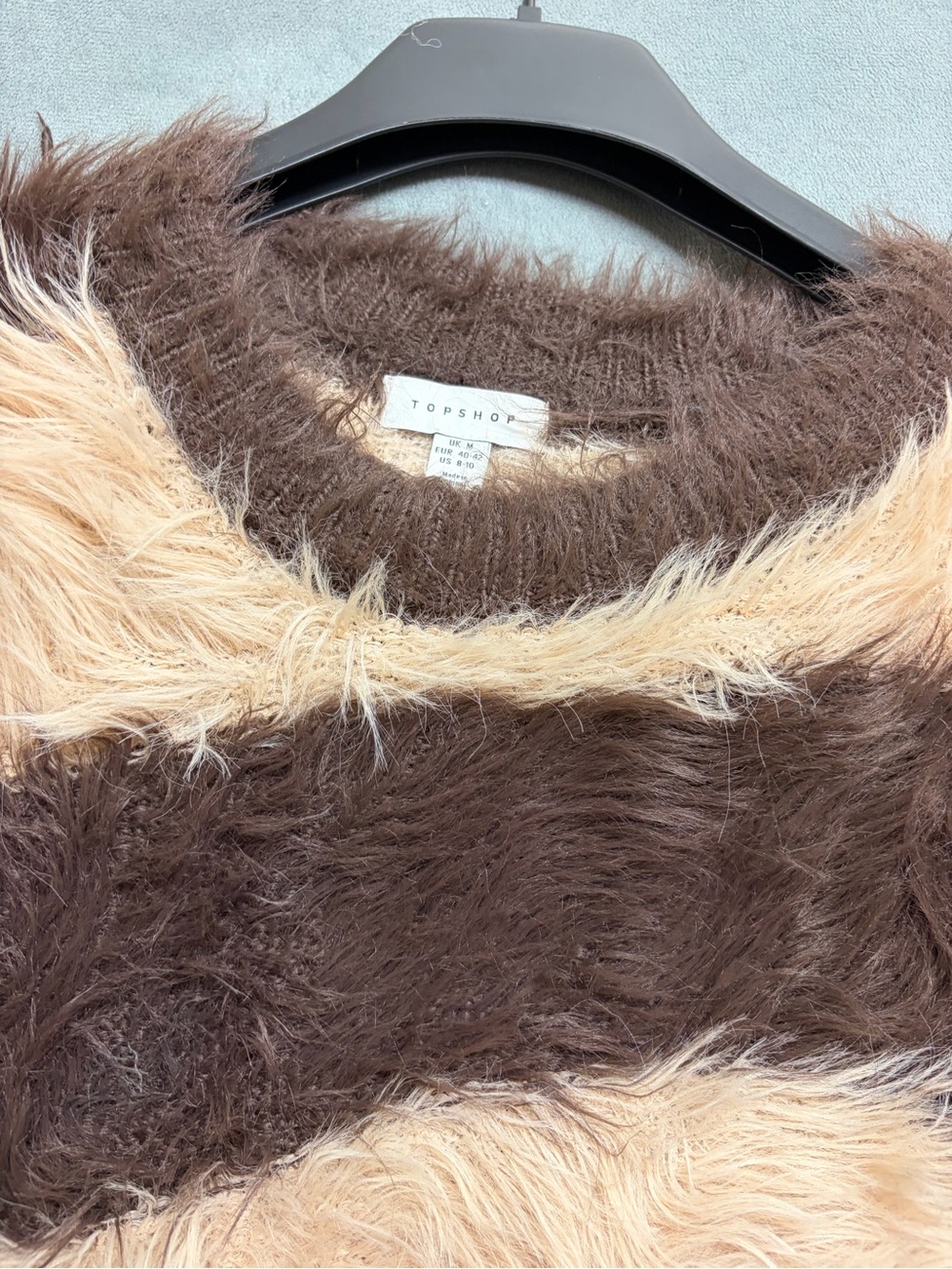 Topshop Womens M Shaggy Fuzzy Sweater Brown Cream Stripe Fluffy Y2K Oversized - Picture 11 of 15